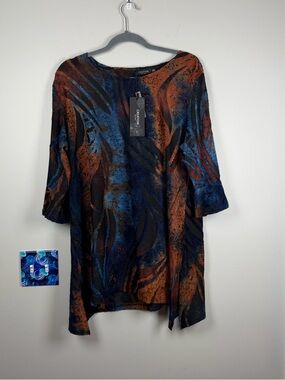 NWT Creations Blue Burnout Blouse Top Tunic Bell Sleeves Art To Wear Size XXL